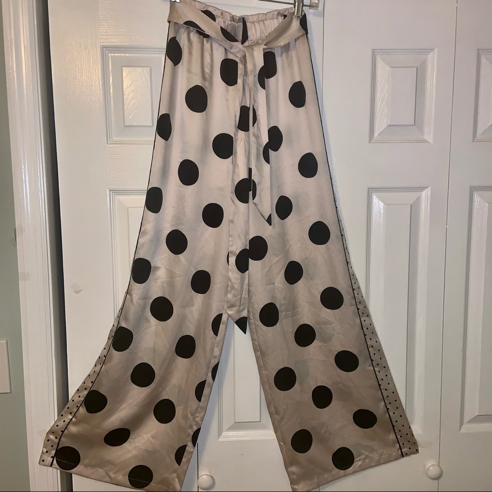 Victoria’s Secret Tan Black Polka Dot Silky Satin Pajama Pants Wide Leg Belted M